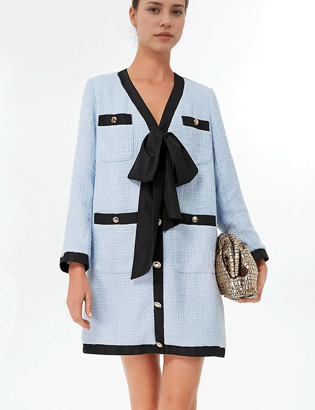 Haellun Women's Tweed Bow Dresses V Neck Long Sleeve Elegant Party Dress Button Down Bodycon Mini Dress