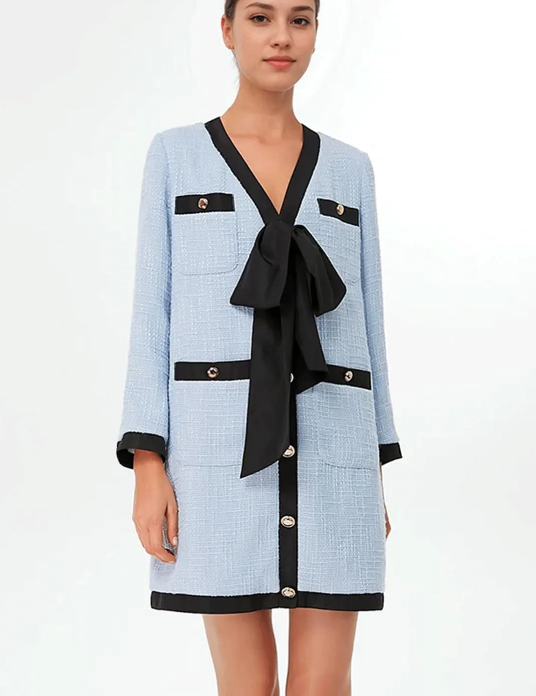 Haellun Women's Tweed Bow Dresses V Neck Long Sleeve Elegant Party Dress Button Down Bodycon Mini Dress
