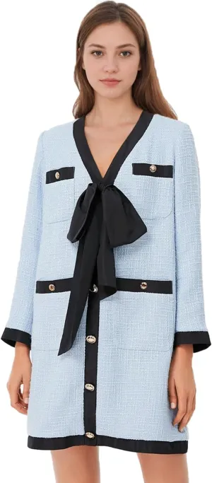 Haellun Women's Tweed Bow Dresses V Neck Long Sleeve Elegant Party Dress Button Down Bodycon Mini Dress