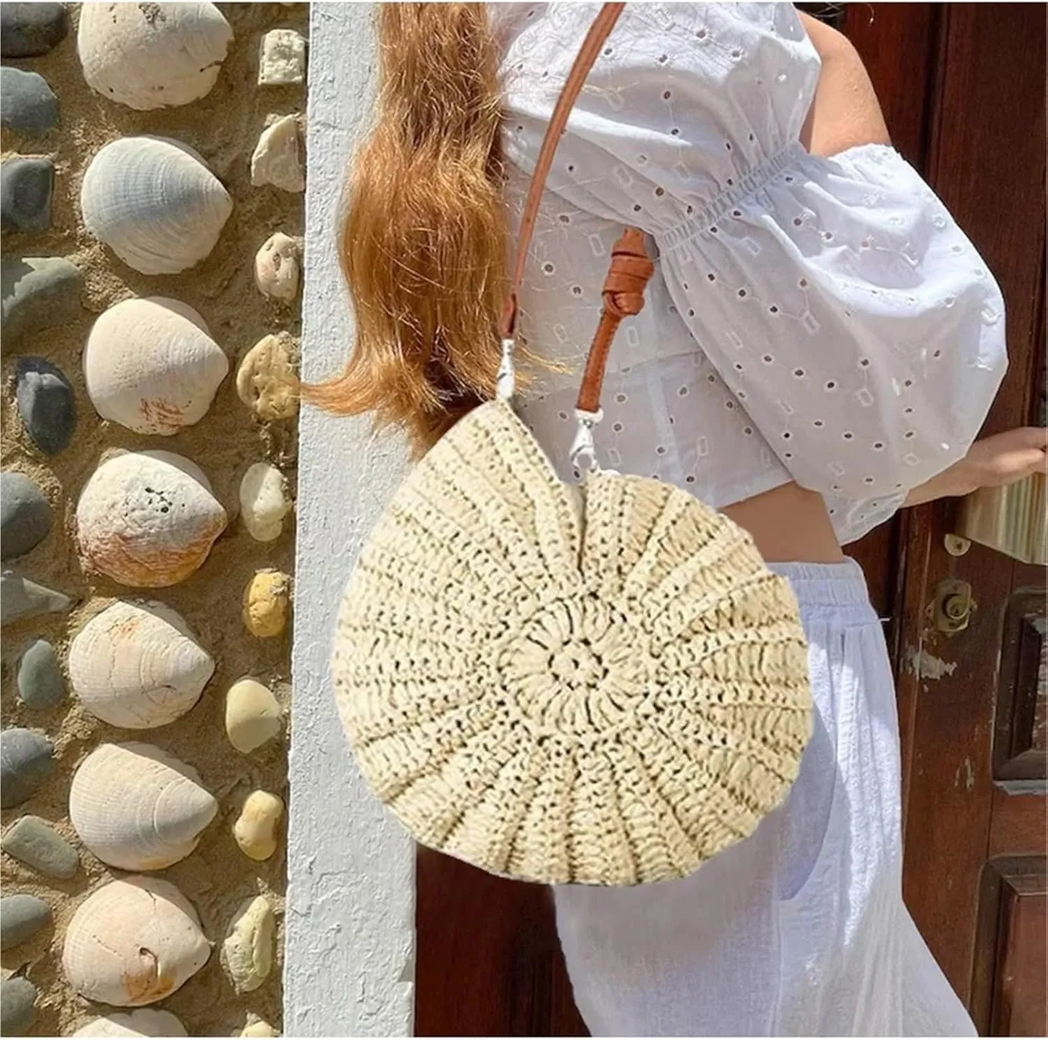 Handwoven Fashion Seashell Bag Stylish & Unique Boho Clutch With Pearl Summer Woven Handbag Small Shell Crossbody Beach Bag