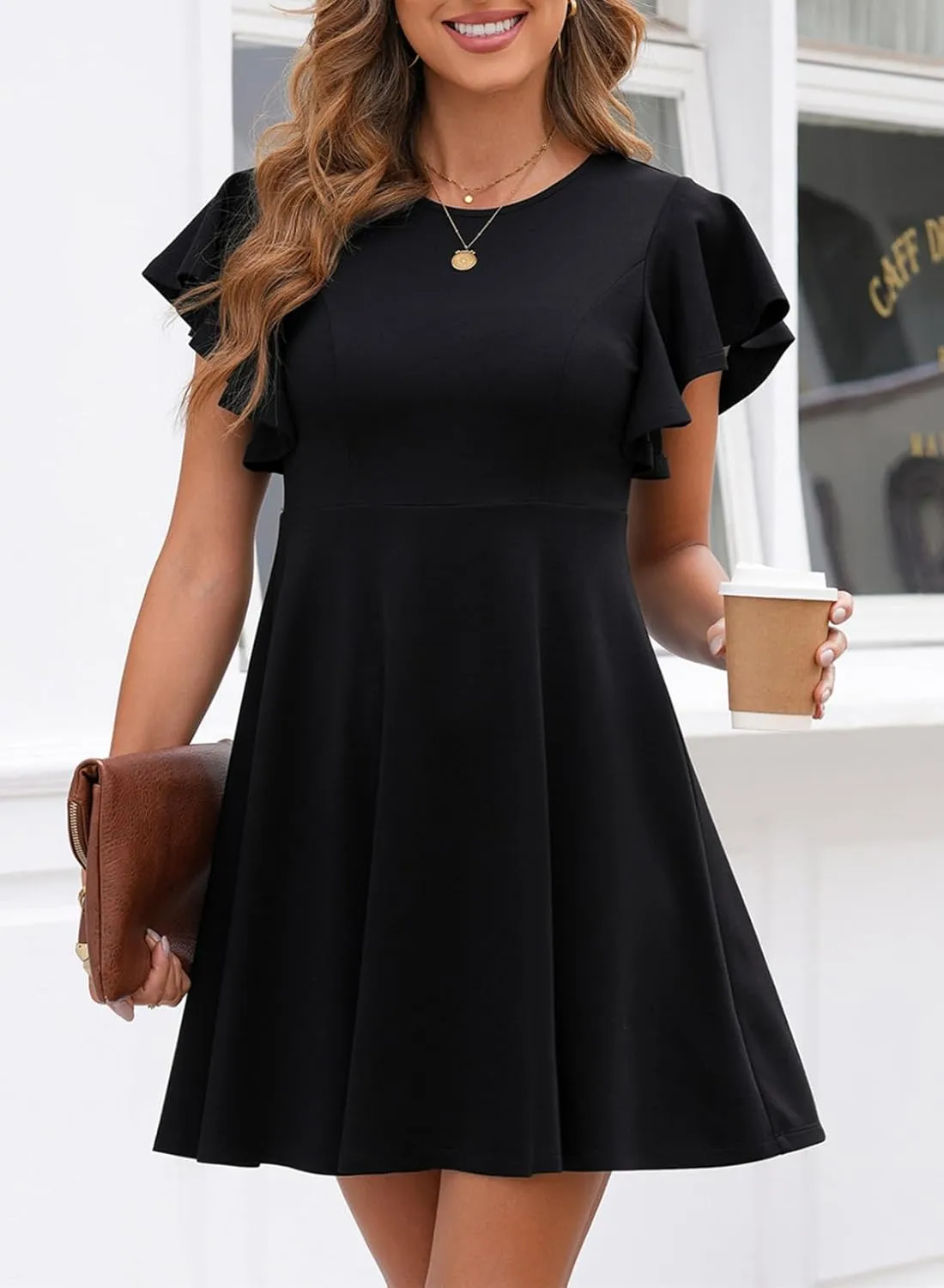 Happy Sailed Cocktail Dresses for Women Spring Summer Ruffle Sleeve Crewneck High Waist Flowy A Line Mini Dress