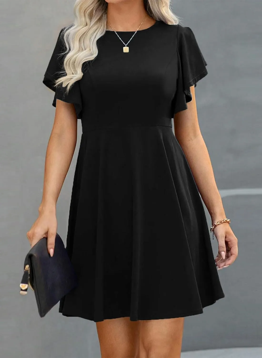 Happy Sailed Cocktail Dresses for Women Spring Summer Ruffle Sleeve Crewneck High Waist Flowy A Line Mini Dress