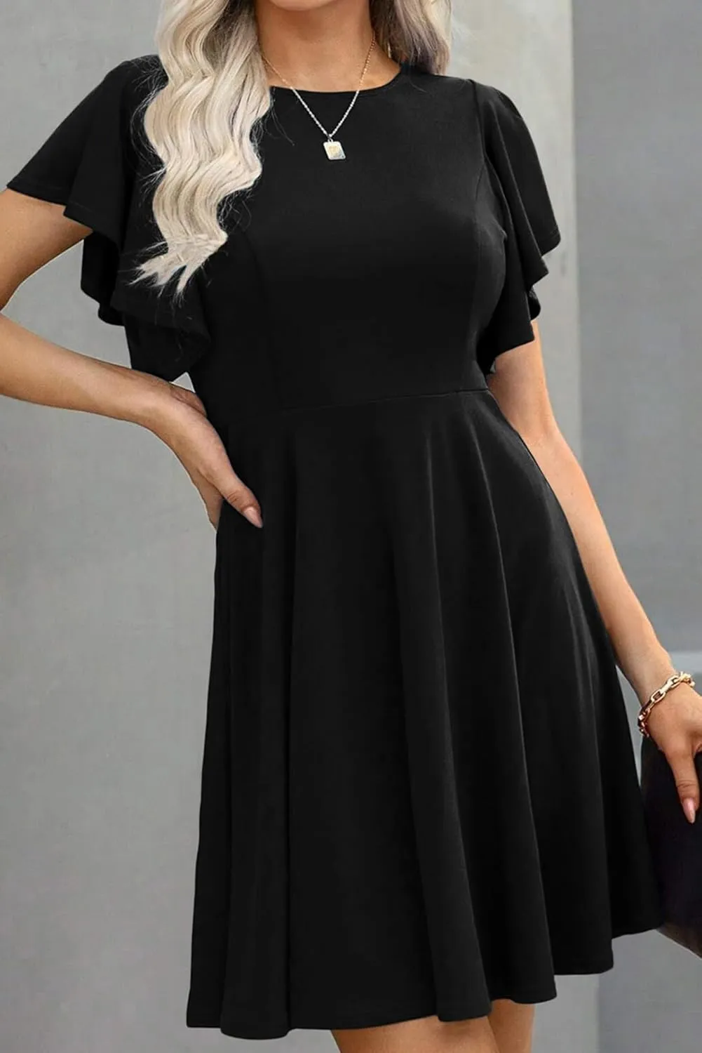 Happy Sailed Cocktail Dresses for Women Spring Summer Ruffle Sleeve Crewneck High Waist Flowy A Line Mini Dress