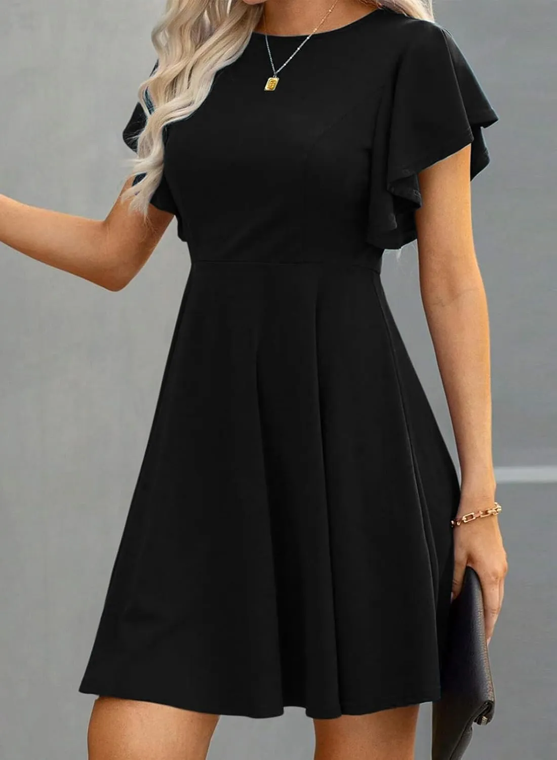 Happy Sailed Cocktail Dresses for Women Spring Summer Ruffle Sleeve Crewneck High Waist Flowy A Line Mini Dress