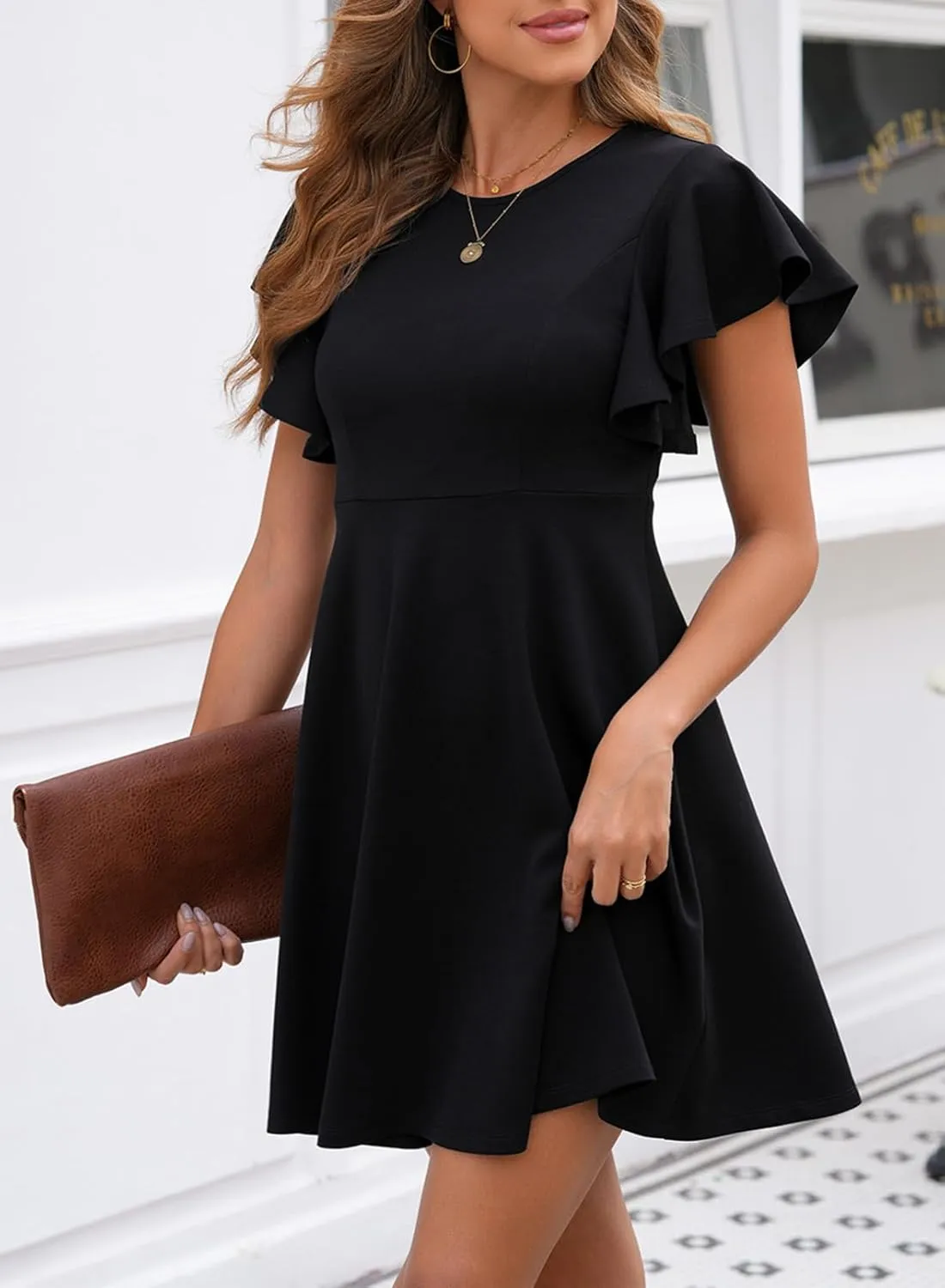 Happy Sailed Cocktail Dresses for Women Spring Summer Ruffle Sleeve Crewneck High Waist Flowy A Line Mini Dress
