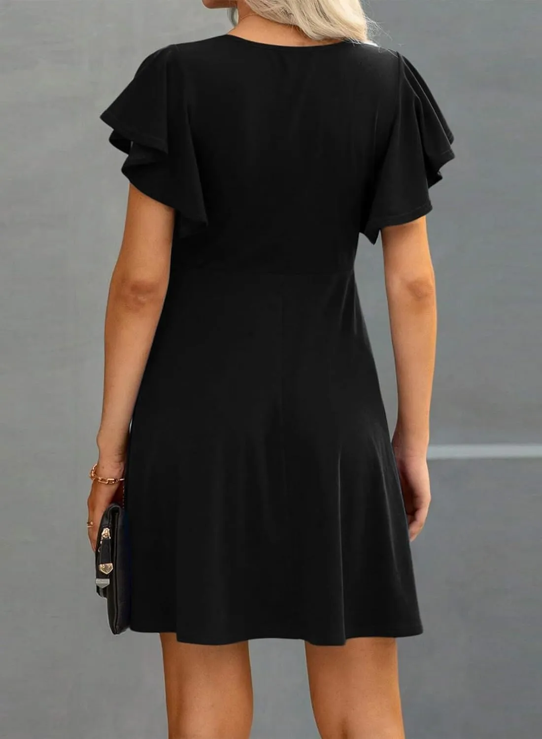 Happy Sailed Cocktail Dresses for Women Spring Summer Ruffle Sleeve Crewneck High Waist Flowy A Line Mini Dress