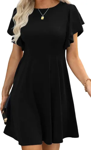 Happy Sailed Cocktail Dresses for Women Spring Summer Ruffle Sleeve Crewneck High Waist Flowy A Line Mini Dress