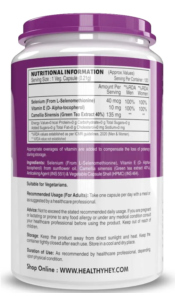 HealthyHey Nutrition Selenium & Natural Vitamin E   Green Tea, Supports Immune Health - 120 Veg Capsules