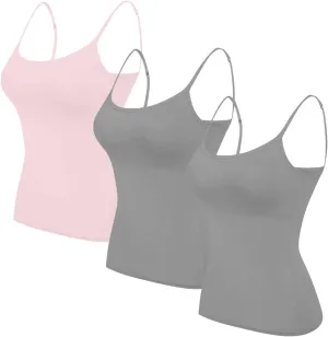 HGps8w 3 Pack Basic Camisoles for Women Bulit-in-Bra Sleeveless Undershirt Solid Color Padded Base Layer Tank Top Cami Shirts