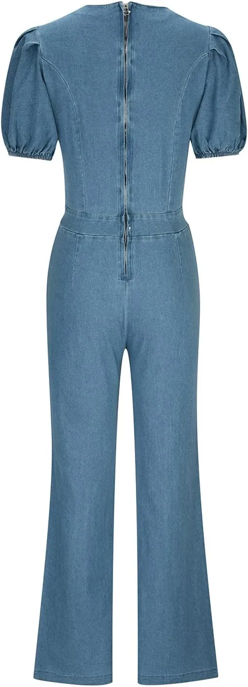 HGps8w Denim Jumpsuits for Women Summer Sexy Wrap Cross V Neck Puff Short Sleeve High Waist Bell Bottom Flare Jeans Romper