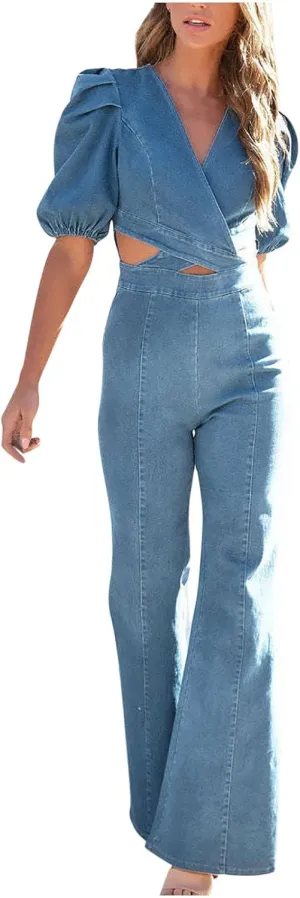 HGps8w Denim Jumpsuits for Women Summer Sexy Wrap Cross V Neck Puff Short Sleeve High Waist Bell Bottom Flare Jeans Romper