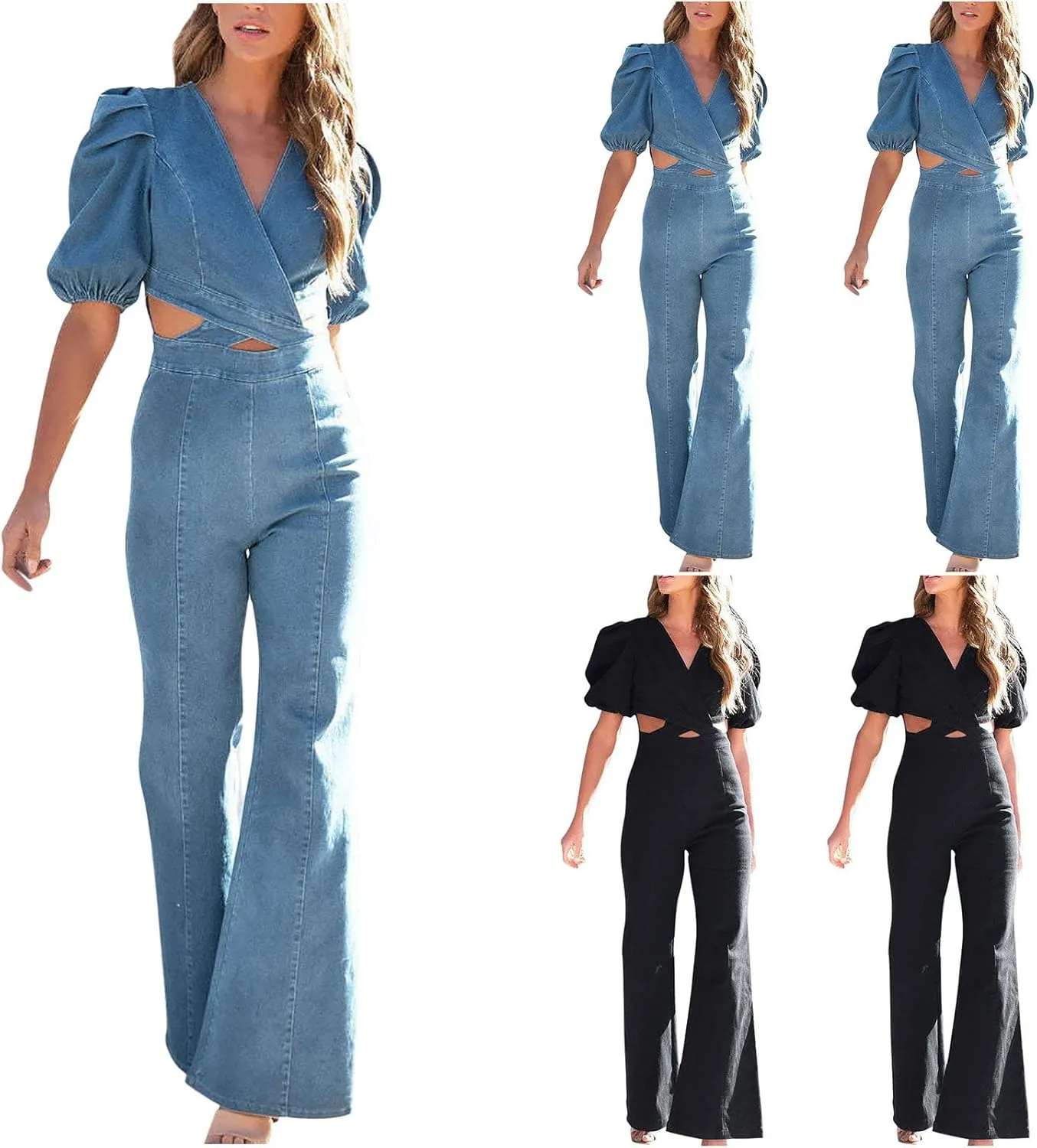 HGps8w Denim Jumpsuits for Women Summer Sexy Wrap Cross V Neck Puff Short Sleeve High Waist Bell Bottom Flare Jeans Romper