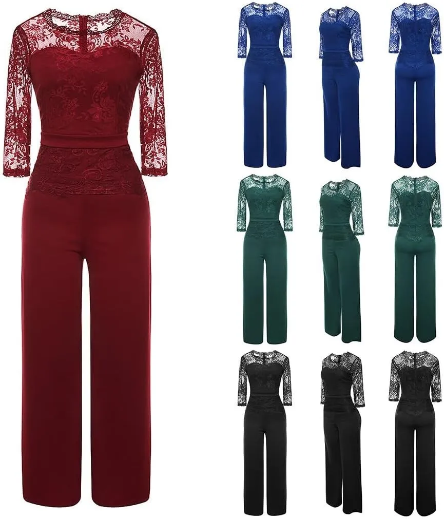 HGps8w Jumpsuits for Women Dressy Elegant Lace Sleeve Patchwork Wide Leg Formal Wedding Evening Party Guest Rompers