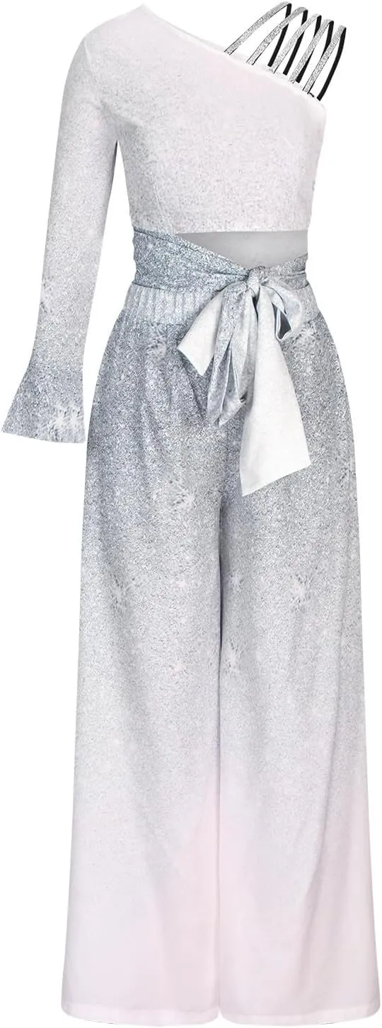 HGps8w Jumpsuits for Women Dressy Gradient Sequins Elegant One Shouder Rompers Formal Sparkly Cocktail Wide Leg Pants