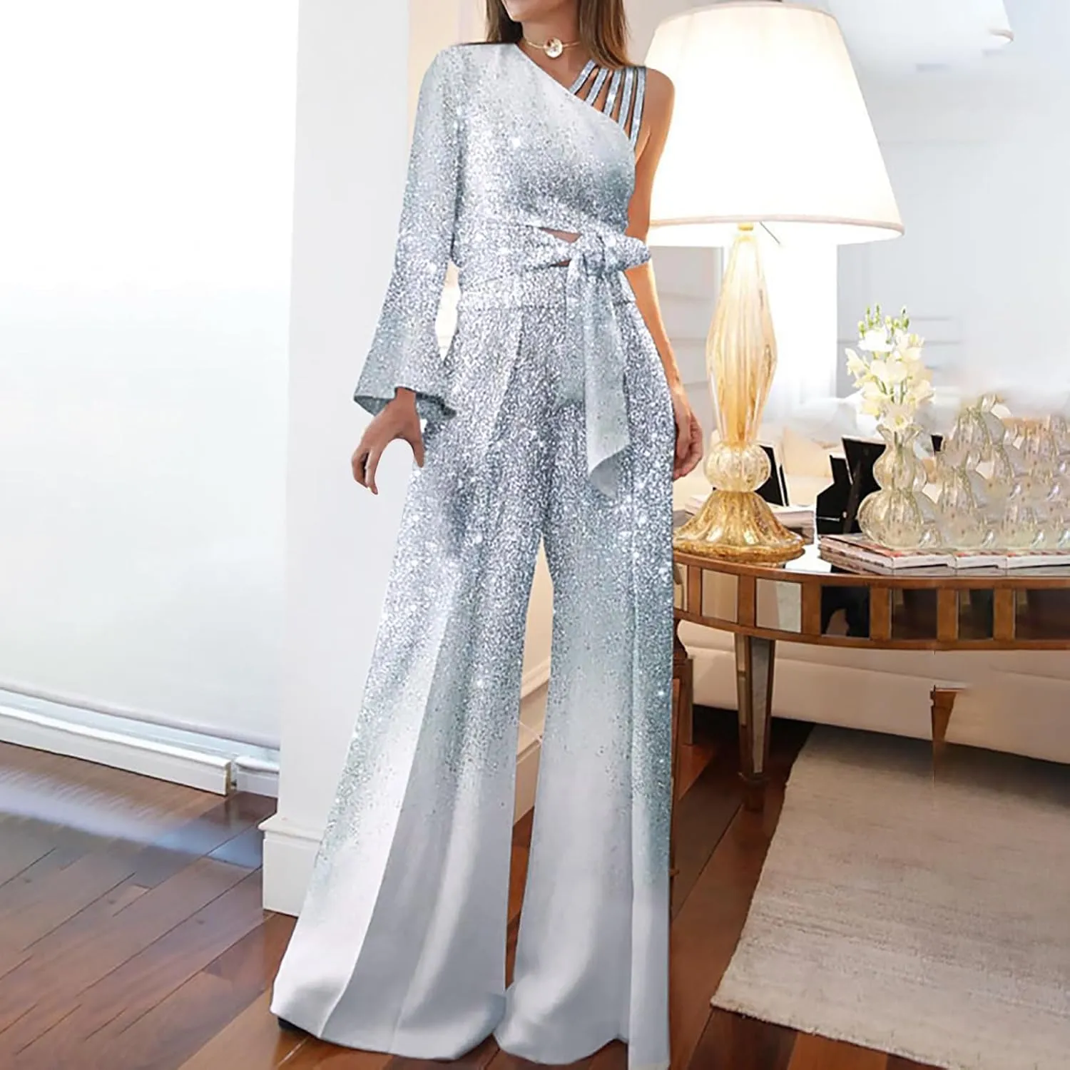 HGps8w Jumpsuits for Women Dressy Gradient Sequins Elegant One Shouder Rompers Formal Sparkly Cocktail Wide Leg Pants