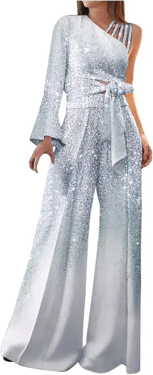 HGps8w Jumpsuits for Women Dressy Gradient Sequins Elegant One Shouder Rompers Formal Sparkly Cocktail Wide Leg Pants