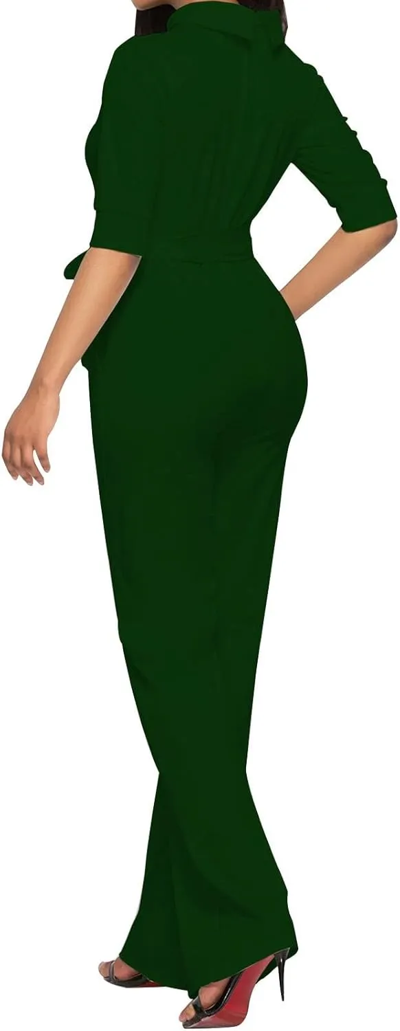 HGps8w Mock Neck Jumpsuits for Women Dressy Casual Straight Long Pants Rompers Elegant One Piece Business Office Outfits