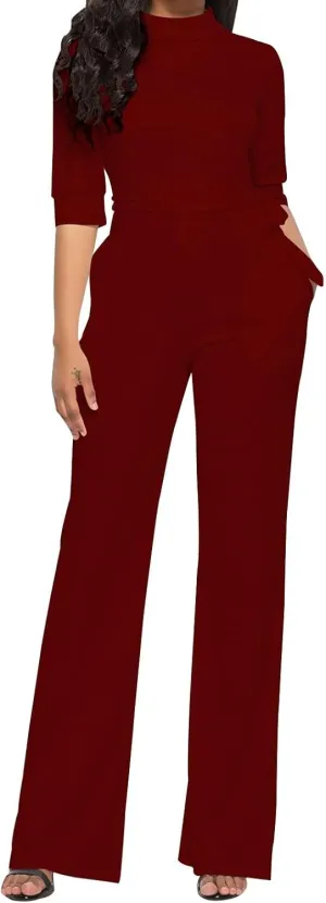 HGps8w Mock Neck Jumpsuits for Women Dressy Casual Straight Long Pants Rompers Elegant One Piece Business Office Outfits