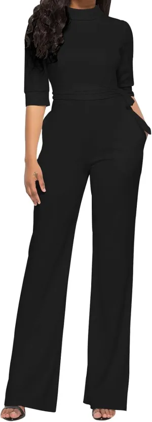 HGps8w Mock Neck Jumpsuits for Women Dressy Casual Straight Long Pants Rompers Elegant One Piece Business Office Outfits