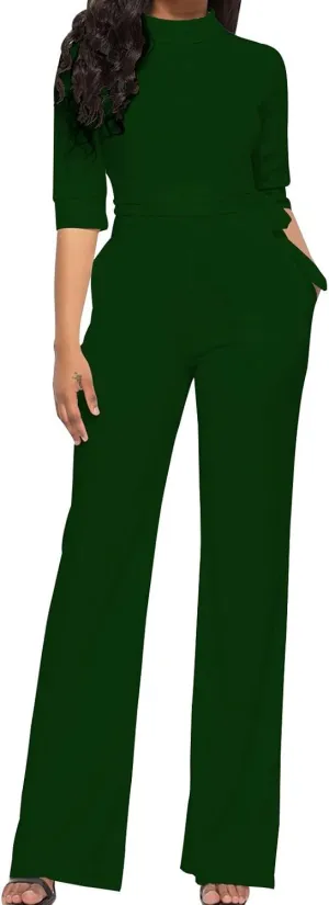 HGps8w Mock Neck Jumpsuits for Women Dressy Casual Straight Long Pants Rompers Elegant One Piece Business Office Outfits