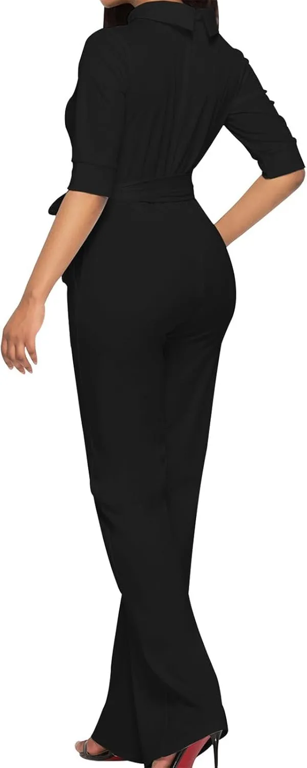 HGps8w Mock Neck Jumpsuits for Women Dressy Casual Straight Long Pants Rompers Elegant One Piece Business Office Outfits