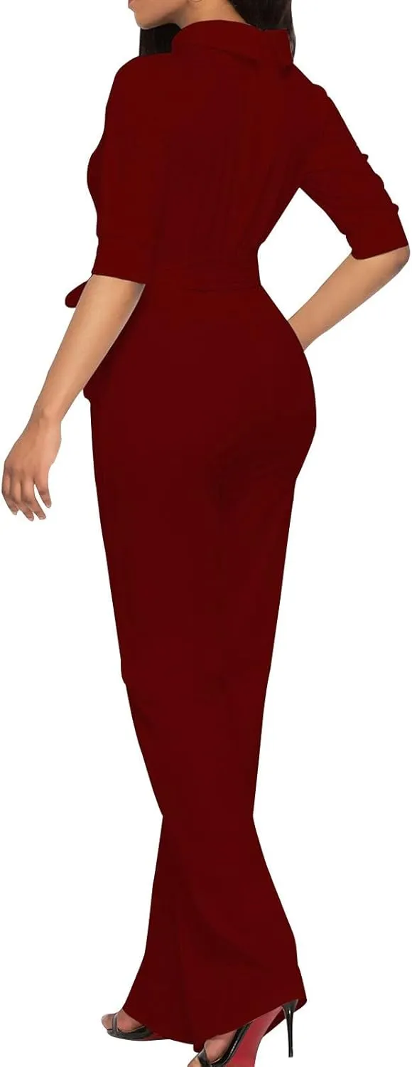 HGps8w Mock Neck Jumpsuits for Women Dressy Casual Straight Long Pants Rompers Elegant One Piece Business Office Outfits