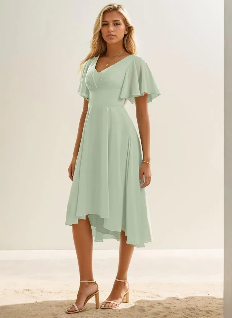High Low Bridesmaid Dresses for Wedding Tea Length Formal Dress with Sleeves V Neck Evening Gown
