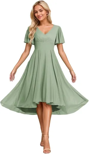 High Low Bridesmaid Dresses for Wedding Tea Length Formal Dress with Sleeves V Neck Evening Gown