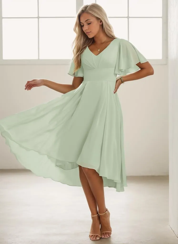 High Low Bridesmaid Dresses for Wedding Tea Length Formal Dress with Sleeves V Neck Evening Gown