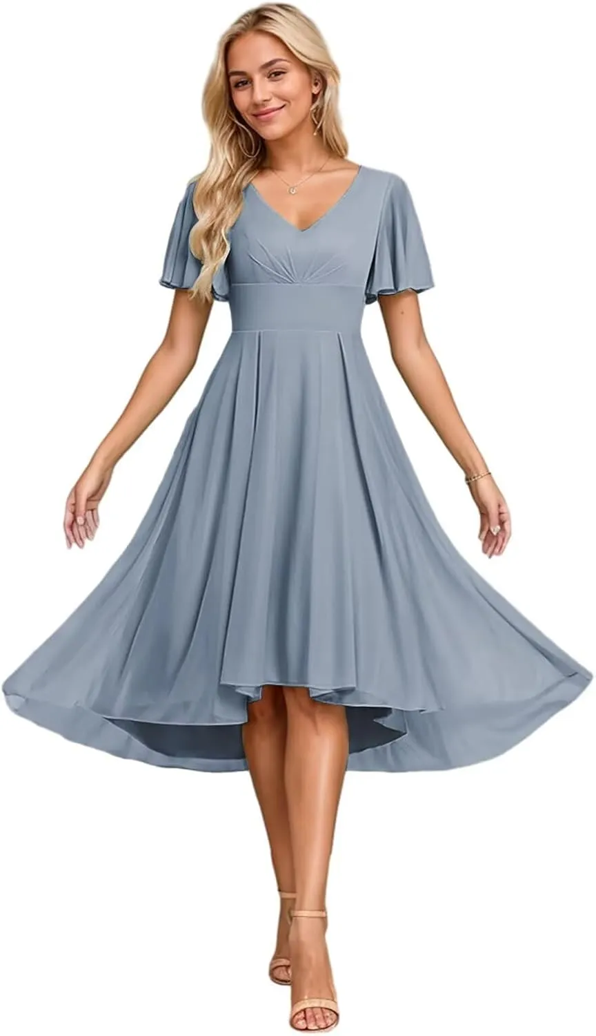 High Low Bridesmaid Dresses for Wedding Tea Length Formal Dress with Sleeves V Neck Evening Gown