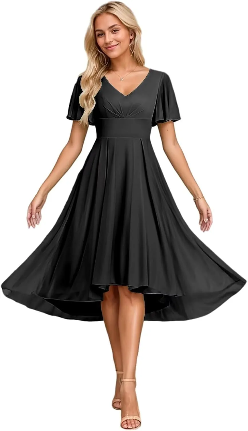 High Low Bridesmaid Dresses for Wedding Tea Length Formal Dress with Sleeves V Neck Evening Gown