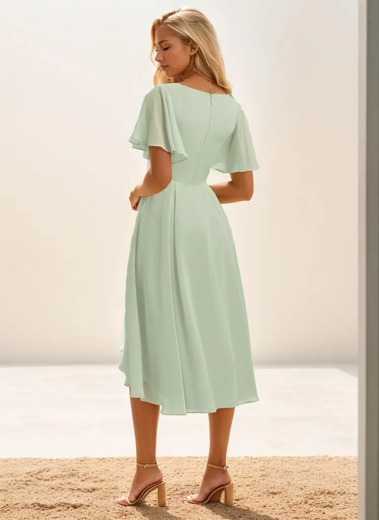 High Low Bridesmaid Dresses for Wedding Tea Length Formal Dress with Sleeves V Neck Evening Gown