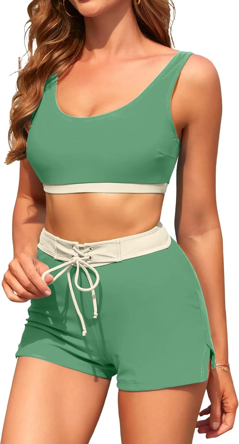 High Waisted Bikini Sets with Shorts Two Piece Swimsuits Full Coverage Bathing Suit Tummy Control Tankini