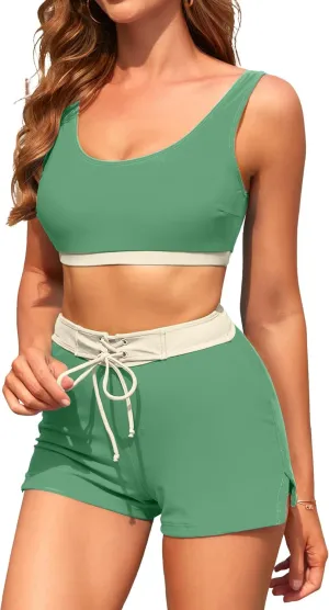 High Waisted Bikini Sets with Shorts Two Piece Swimsuits Full Coverage Bathing Suit Tummy Control Tankini