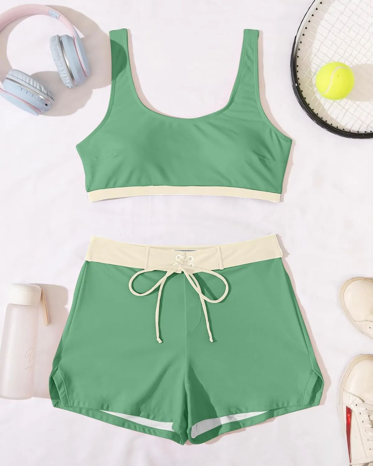 High Waisted Bikini Sets with Shorts Two Piece Swimsuits Full Coverage Bathing Suit Tummy Control Tankini