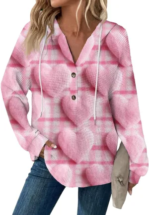 Hoodies For Women Trendy Long Sleeve V Neck Buttons Shirts Fashion Pullover Waffle Kint Tops Oversized Sweatshirts