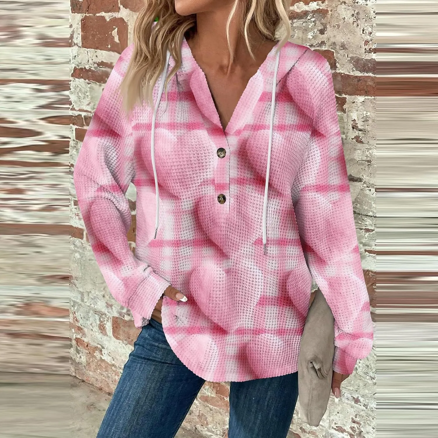 Hoodies For Women Trendy Long Sleeve V Neck Buttons Shirts Fashion Pullover Waffle Kint Tops Oversized Sweatshirts