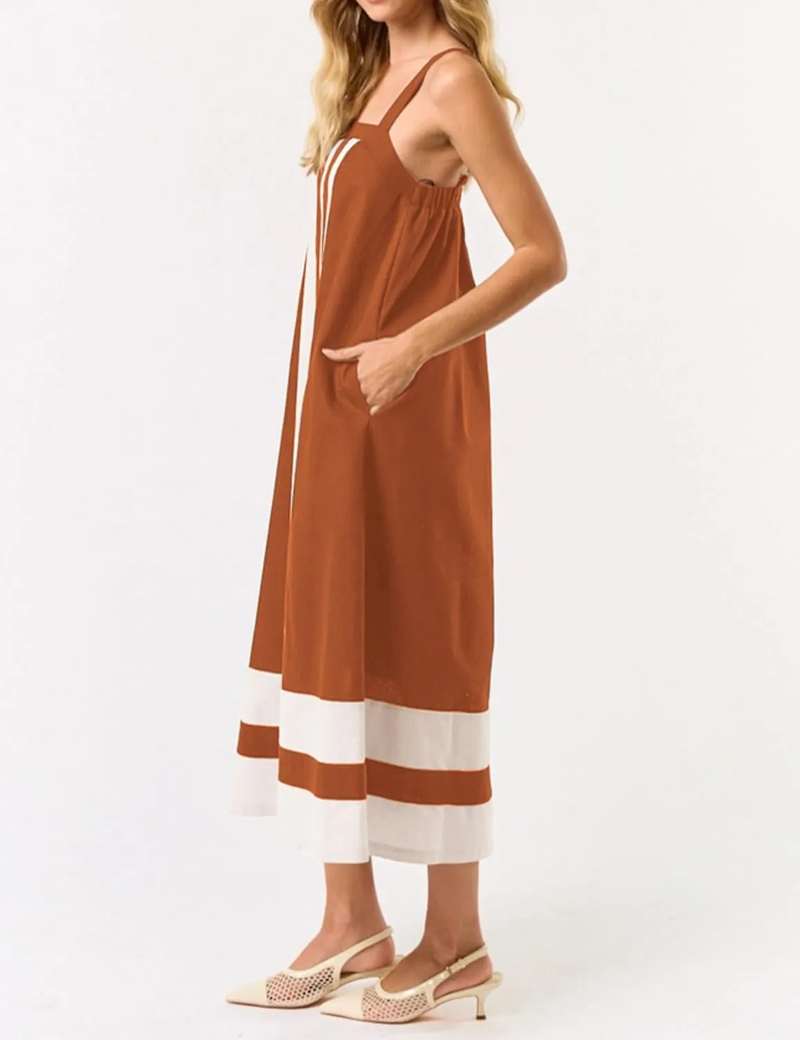 Hooever Women Color Block Maxi Dress Boho Striped Shoulder Strap Sundress Square Neck Summer Beach Dresses
