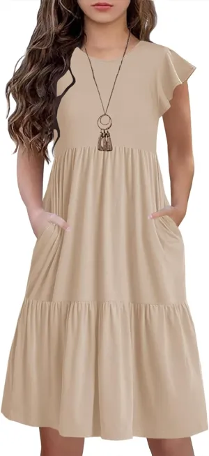 HOSIKA Girls Summer Ruffle Short Sleeve Crew Neck Loose Casual Flowy Tiered Short Dress with Pockets for 6-12 Y