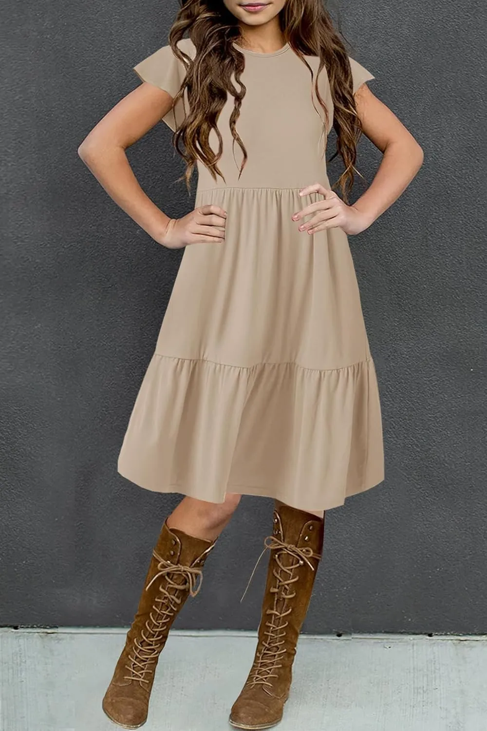 HOSIKA Girls Summer Ruffle Short Sleeve Crew Neck Loose Casual Flowy Tiered Short Dress with Pockets for 6-12 Y
