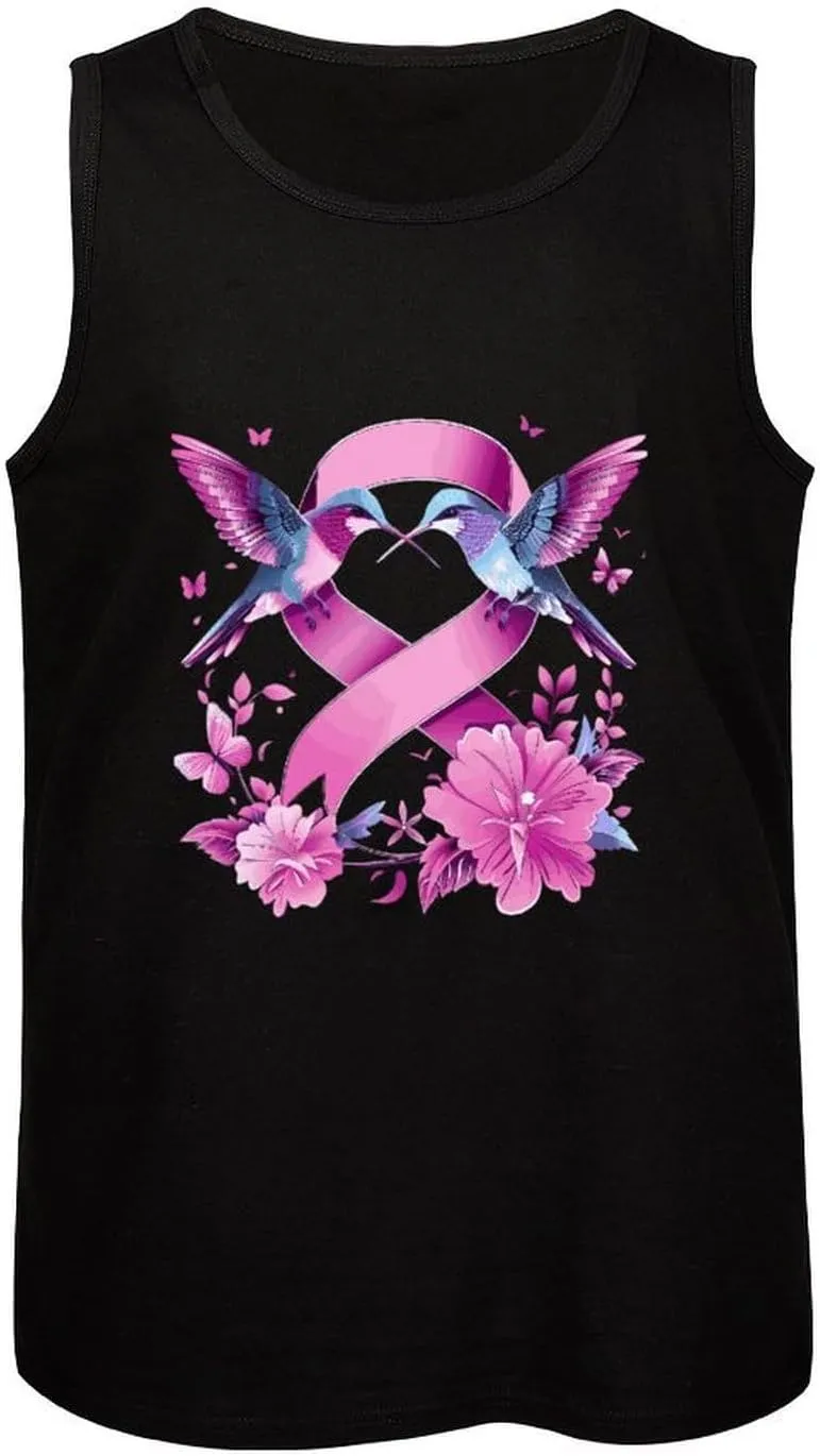 Hummingbirds Cancer Ribbon Flowers Mens Tank Top Cotton Undershirt Crewneck Sleeveless Shirt for Summer