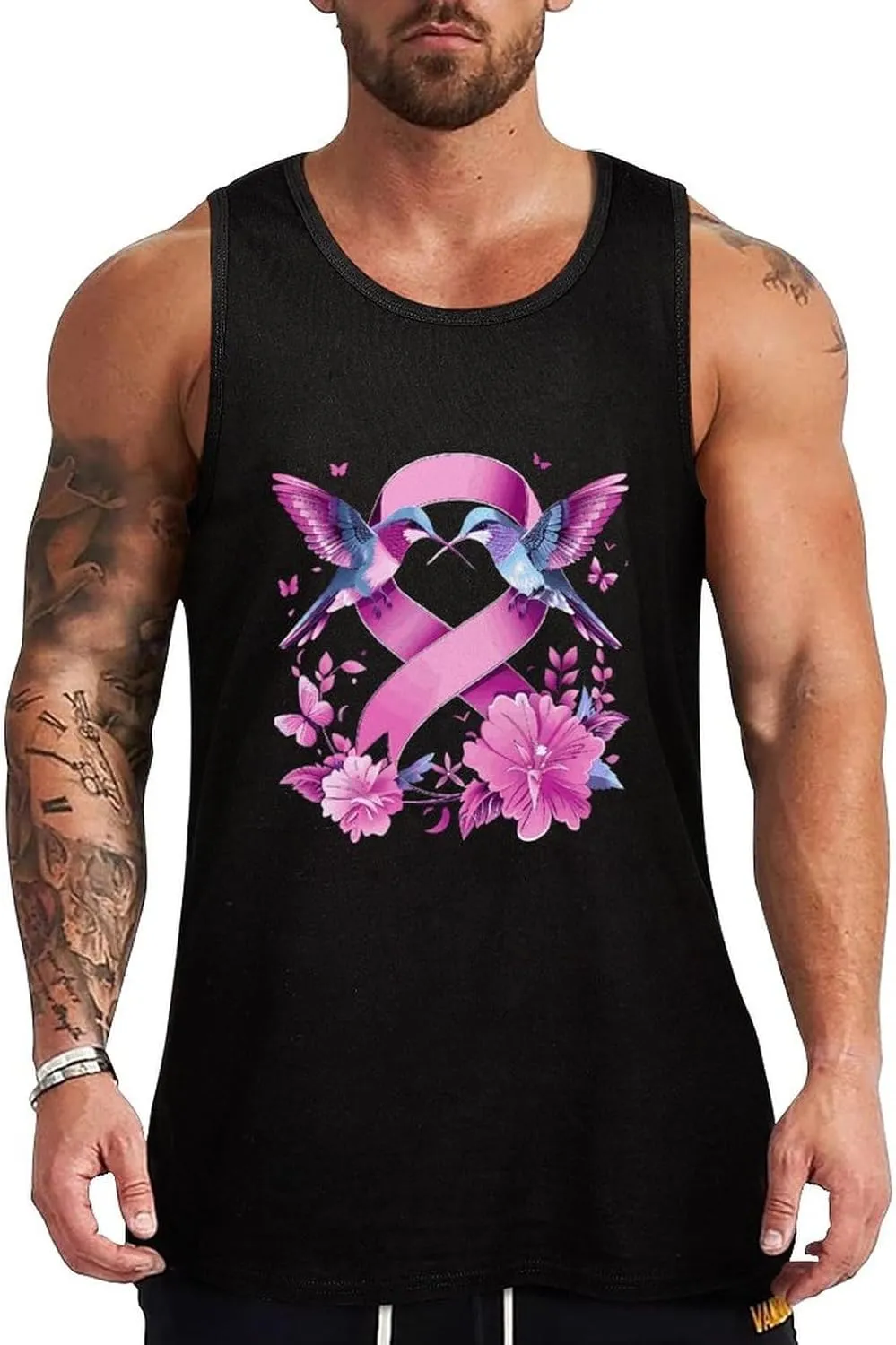Hummingbirds Cancer Ribbon Flowers Mens Tank Top Cotton Undershirt Crewneck Sleeveless Shirt for Summer