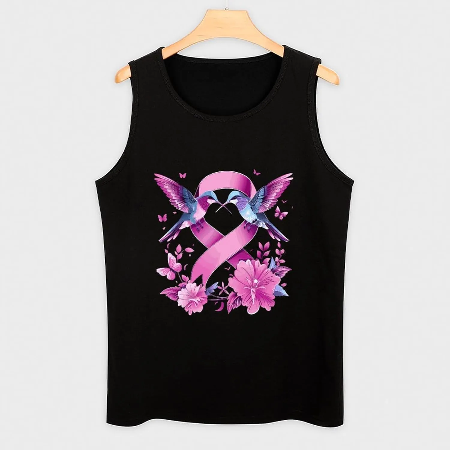 Hummingbirds Cancer Ribbon Flowers Mens Tank Top Cotton Undershirt Crewneck Sleeveless Shirt for Summer
