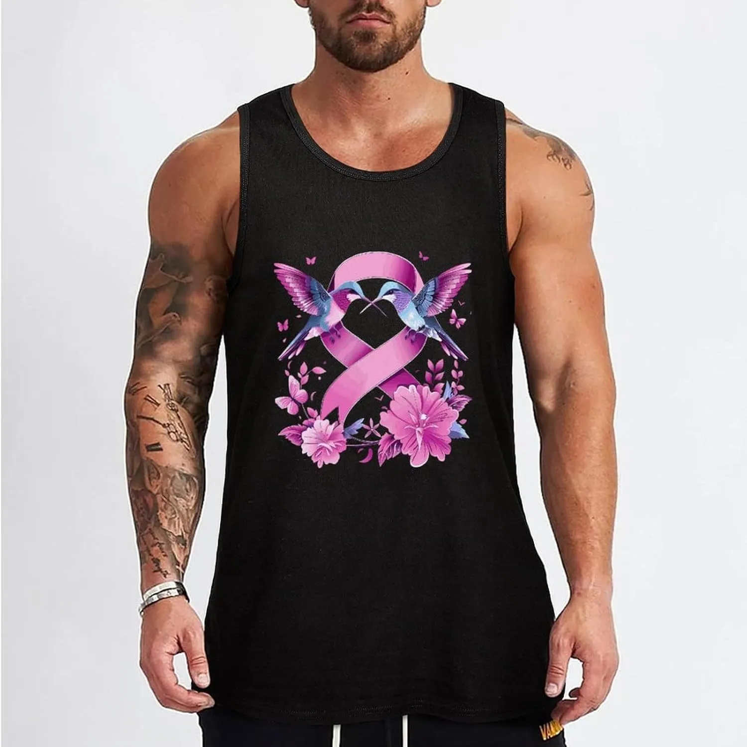 Hummingbirds Cancer Ribbon Flowers Mens Tank Top Cotton Undershirt Crewneck Sleeveless Shirt for Summer
