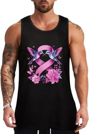 Hummingbirds Cancer Ribbon Flowers Mens Tank Top Cotton Undershirt Crewneck Sleeveless Shirt for Summer