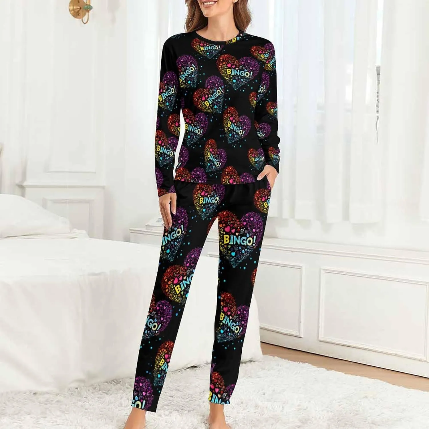 I Love Bingo Women's Pajama Set Long Sleeve T-shirts Top & Pant Comfort Sleepwear Loungewear