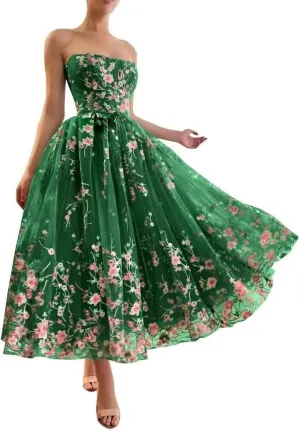 Jamille Tea Length Prom Dress with Pocket Strapless Dloral Gown Ball Gowns Tulle Formal Evening Dress Sleeveless JA0011