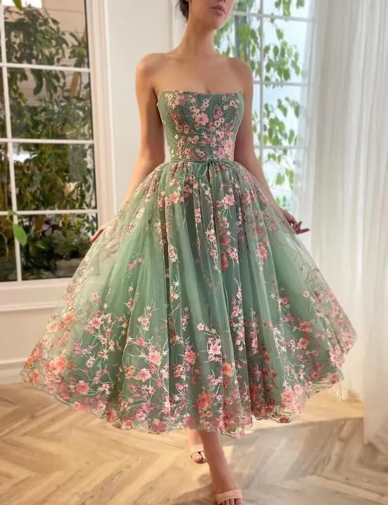 Jamille Tea Length Prom Dress with Pocket Strapless Dloral Gown Ball Gowns Tulle Formal Evening Dress Sleeveless JA0011