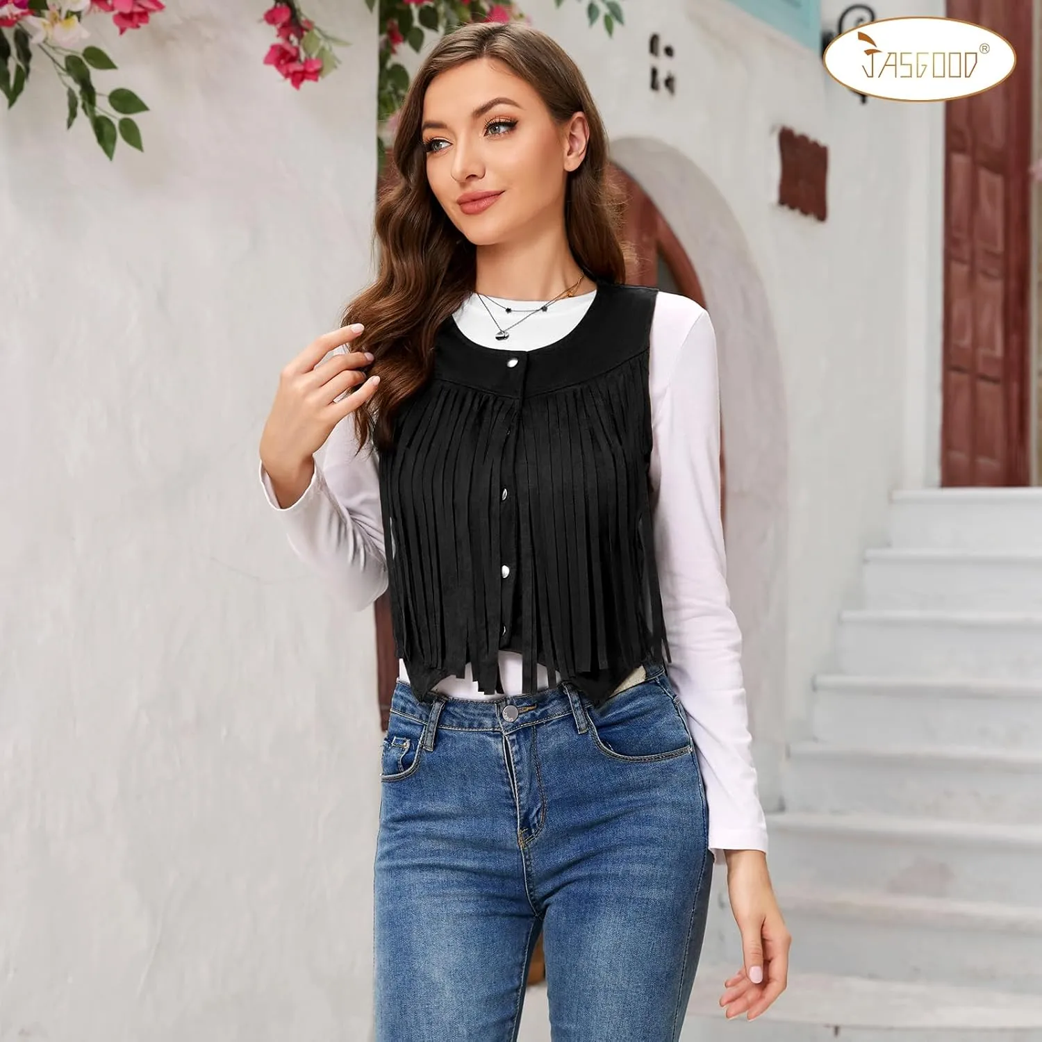 JASGOOD Women's Tassel Vest 70s Hippie Faux Suede Sleeveless Fringe Jacket Western Outfit for Women