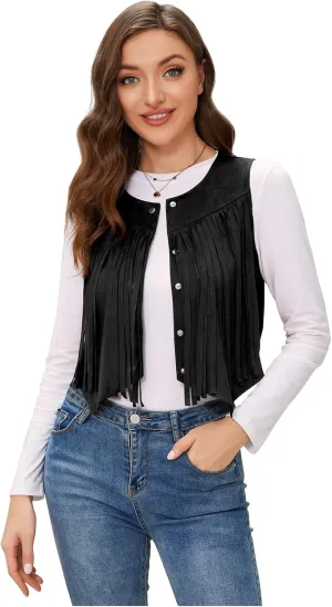 JASGOOD Women's Tassel Vest 70s Hippie Faux Suede Sleeveless Fringe Jacket Western Outfit for Women